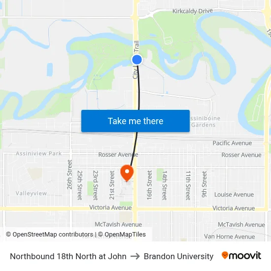 Northbound 18th North at John to Brandon University map