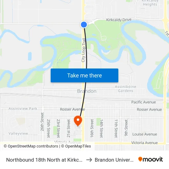 Northbound 18th North at Kirkcaldy to Brandon University map