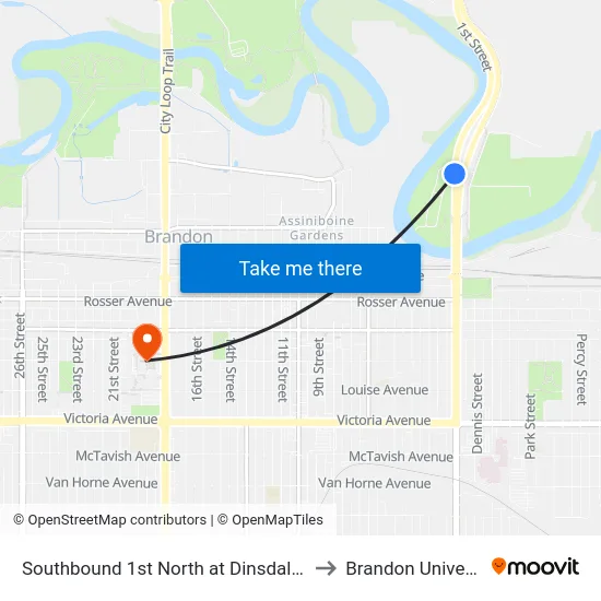 Southbound 1st North at Dinsdale Park to Brandon University map