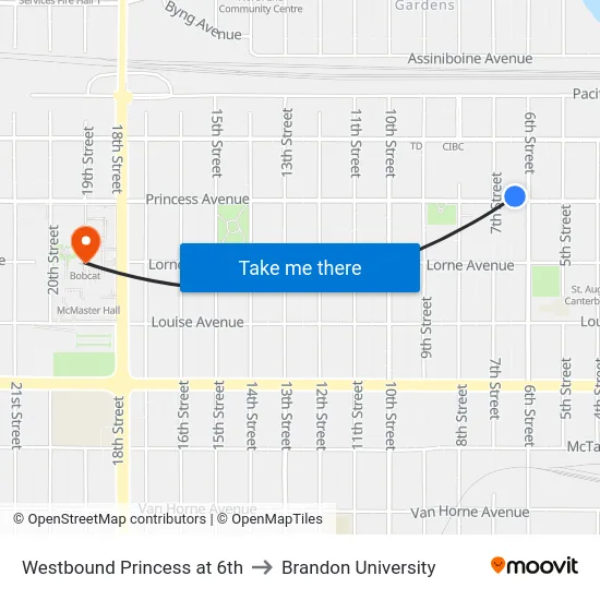 Westbound Princess at 6th to Brandon University map