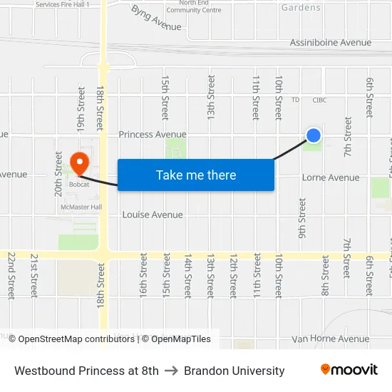 Westbound Princess at 8th to Brandon University map