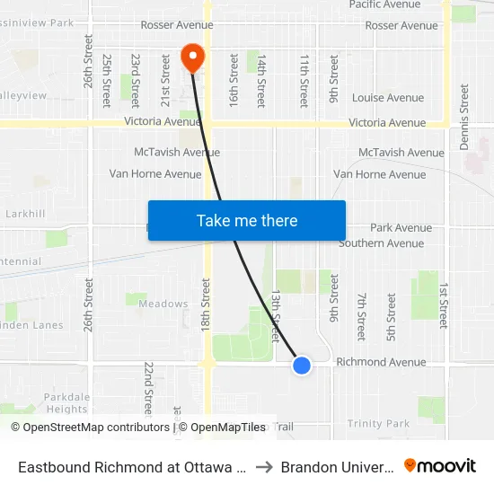 Eastbound Richmond at Ottawa West to Brandon University map