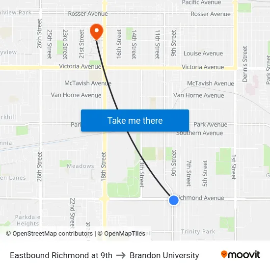 Eastbound Richmond at 9th to Brandon University map