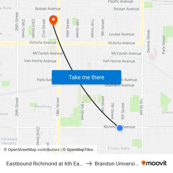 Eastbound Richmond at 6th East to Brandon University map