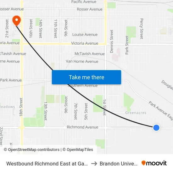 Westbound Richmond East at Garwood to Brandon University map