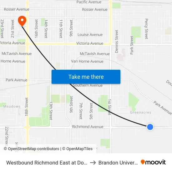Westbound Richmond East at Douglas to Brandon University map