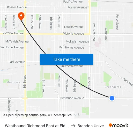 Westbound Richmond East at Elderwood to Brandon University map