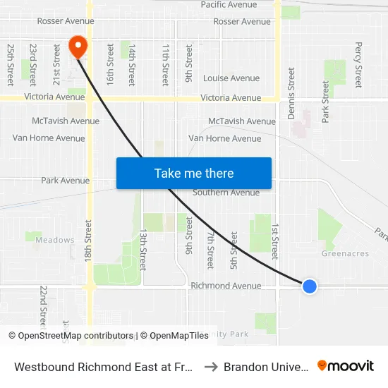 Westbound Richmond East at Frederick to Brandon University map
