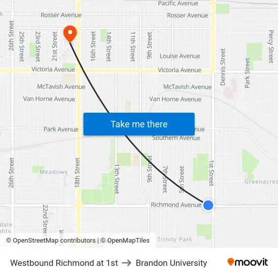 Westbound Richmond at 1st to Brandon University map