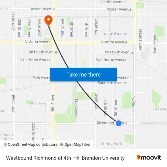 Westbound Richmond at 4th to Brandon University map