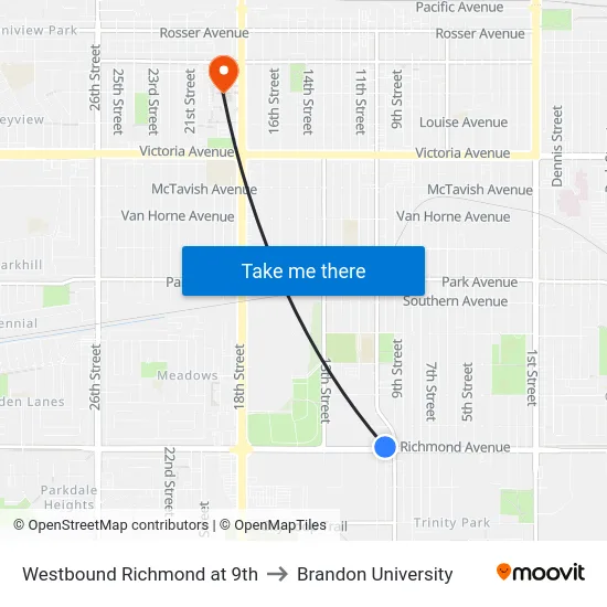 Westbound Richmond at 9th to Brandon University map