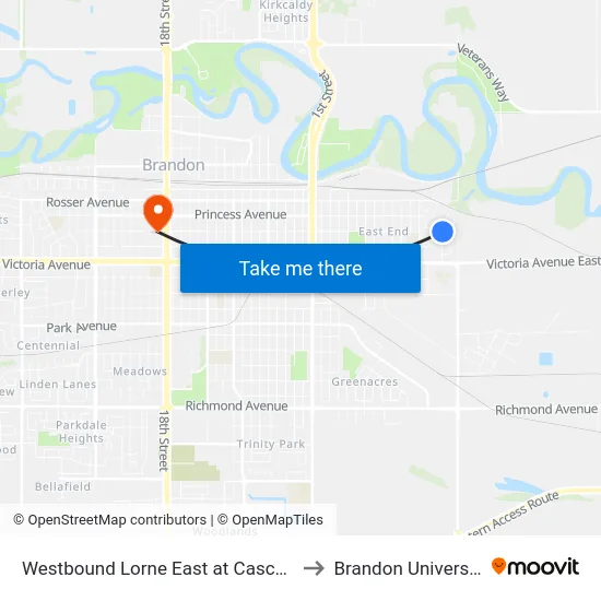 Westbound Lorne East at Cascade to Brandon University map
