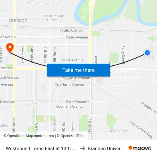 Westbound Lorne East at 13th East to Brandon University map