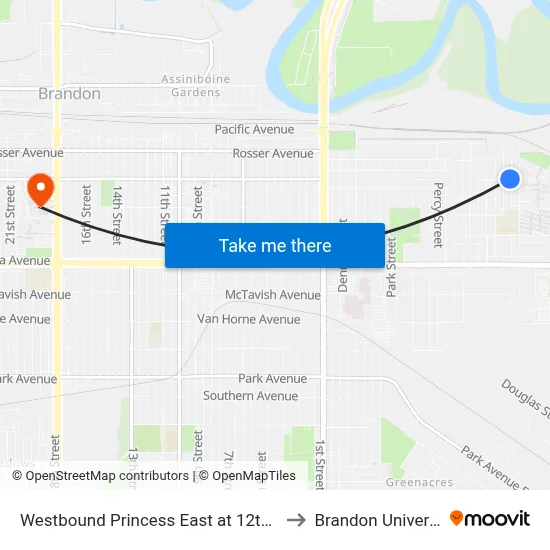 Westbound Princess East at 12th East to Brandon University map