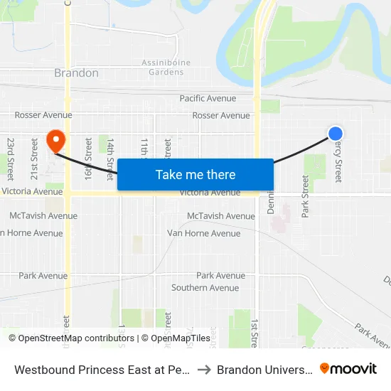 Westbound Princess East at Percy to Brandon University map