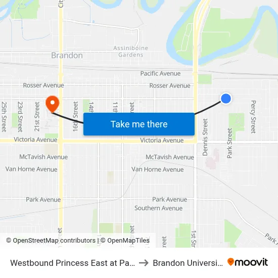 Westbound Princess East at Park to Brandon University map