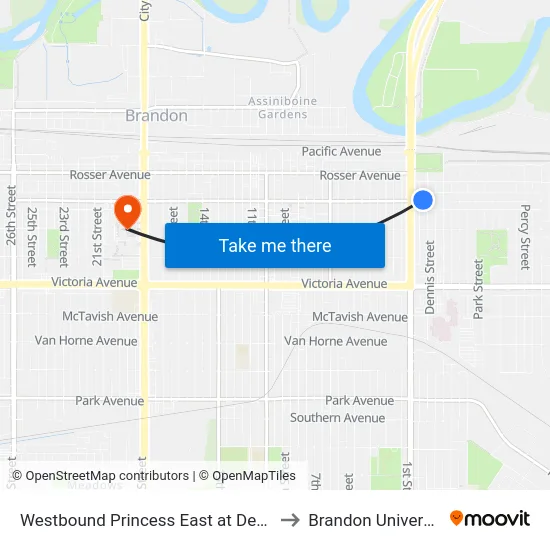 Westbound Princess East at Dennis to Brandon University map
