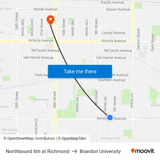 Northbound 6th at Richmond to Brandon University map