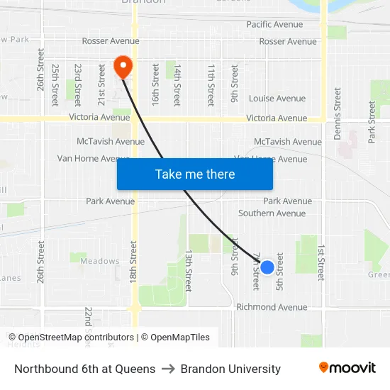 Northbound 6th at Queens to Brandon University map