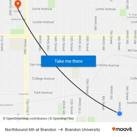 Northbound 6th at Brandon to Brandon University map