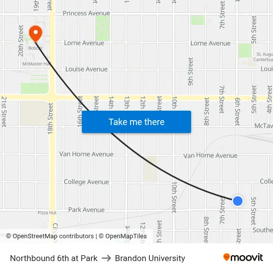 Northbound 6th at Park to Brandon University map