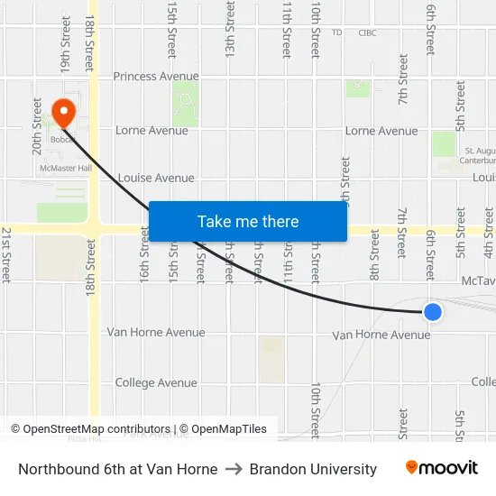 Northbound 6th at Van Horne to Brandon University map