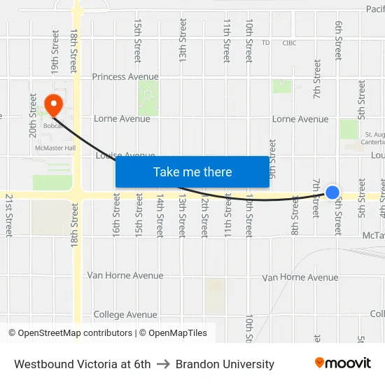 Westbound Victoria at 6th to Brandon University map
