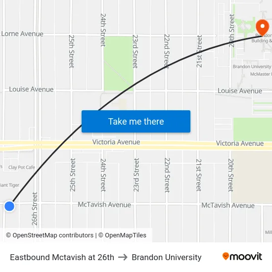 Eastbound Mctavish at 26th to Brandon University map