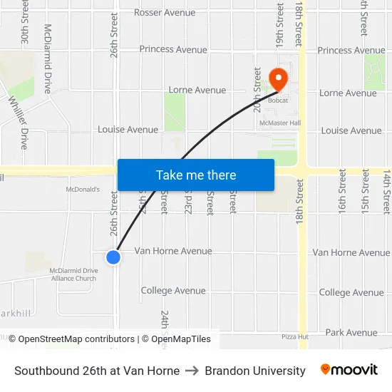 Southbound 26th at Van Horne to Brandon University map