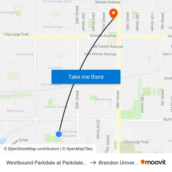 Westbound Parkdale at Parkdale Place to Brandon University map