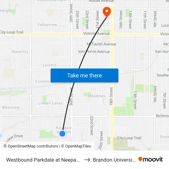Westbound Parkdale at Neepawa to Brandon University map