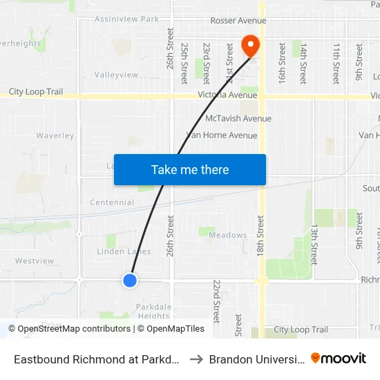 Eastbound Richmond at Parkdale to Brandon University map