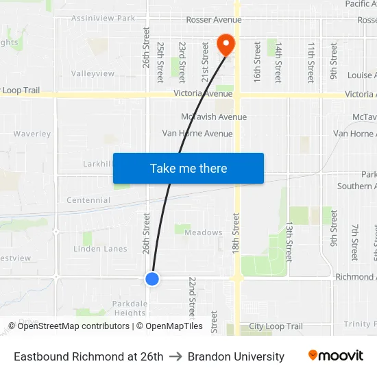 Eastbound Richmond at 26th to Brandon University map