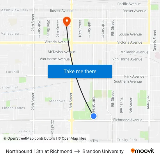 Northbound 13th at Richmond to Brandon University map