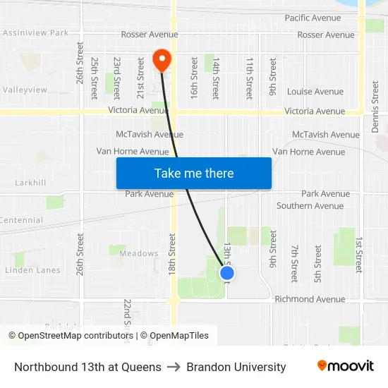 Northbound 13th at Queens to Brandon University map
