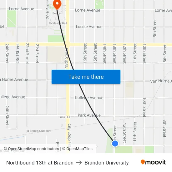 Northbound 13th at Brandon to Brandon University map