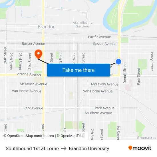 Southbound 1st at Lorne to Brandon University map