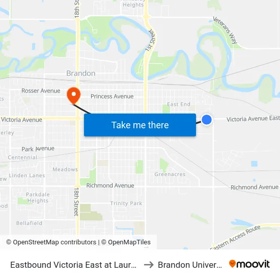 Eastbound Victoria East at Laurence to Brandon University map
