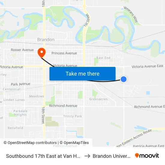 Southbound 17th East at Van Horne to Brandon University map