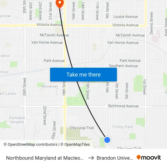 Northbound Maryland at Macleod North to Brandon University map