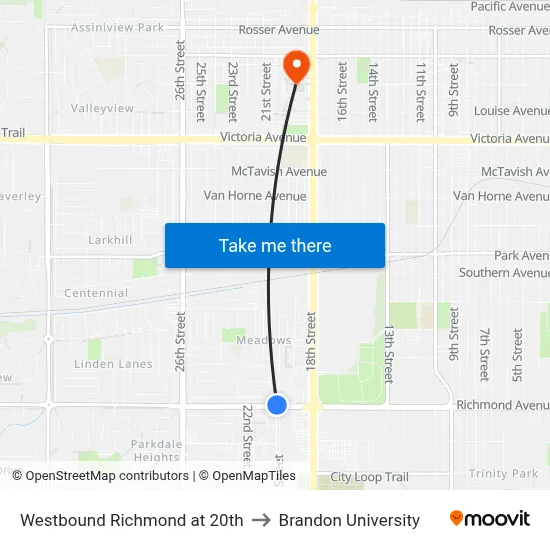 Westbound Richmond at 20th to Brandon University map