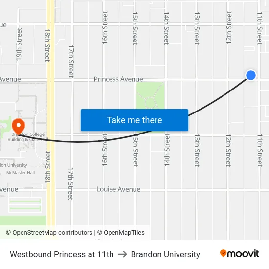 Westbound Princess at 11th to Brandon University map