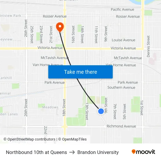 Northbound 10th at Queens to Brandon University map
