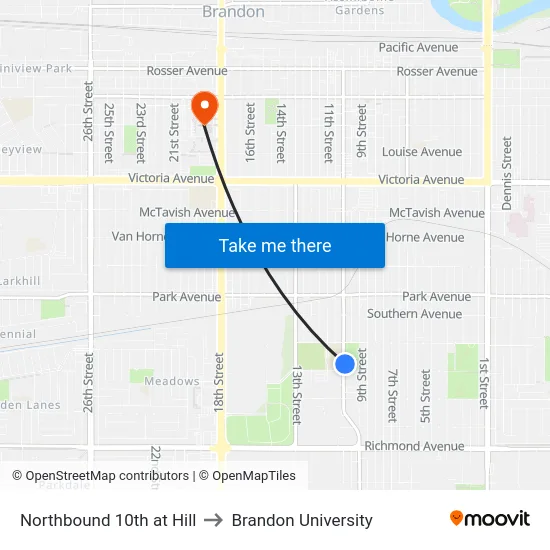 Northbound 10th at Hill to Brandon University map
