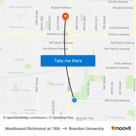 Westbound Richmond at 18th to Brandon University map
