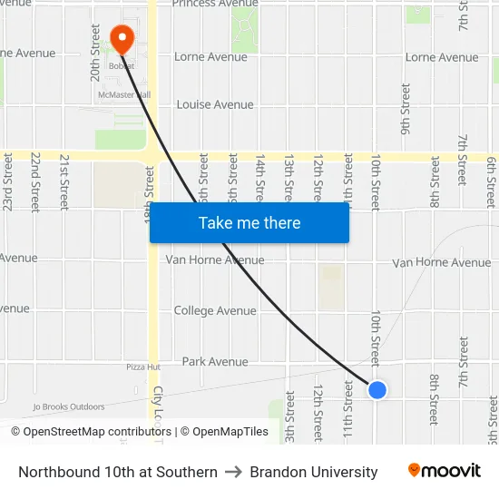 Northbound 10th at Southern to Brandon University map