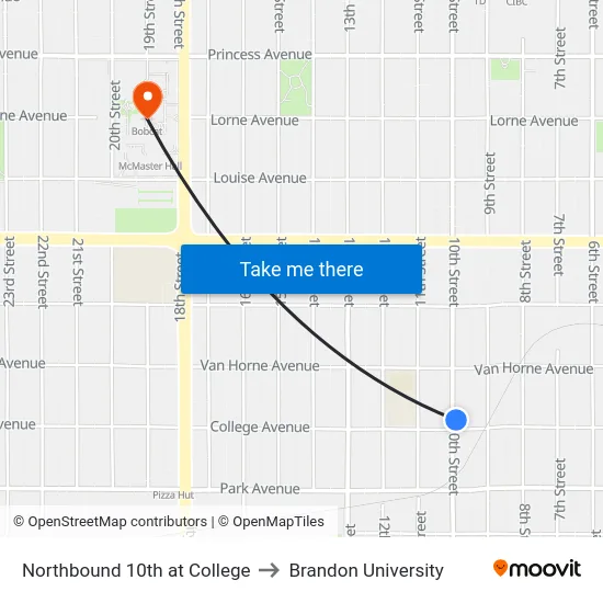 Northbound 10th at College to Brandon University map