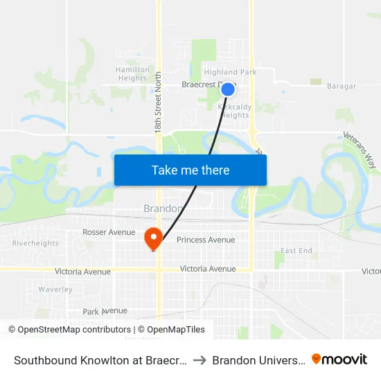 Southbound Knowlton at Braecrest to Brandon University map