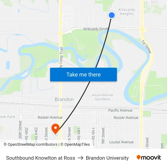 Southbound Knowlton at Ross to Brandon University map