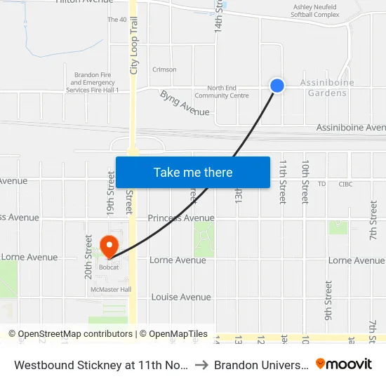 Westbound Stickney at 11th North to Brandon University map